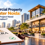 Commercial property in Greater Noida with RERA registration documents and modern retail buildings