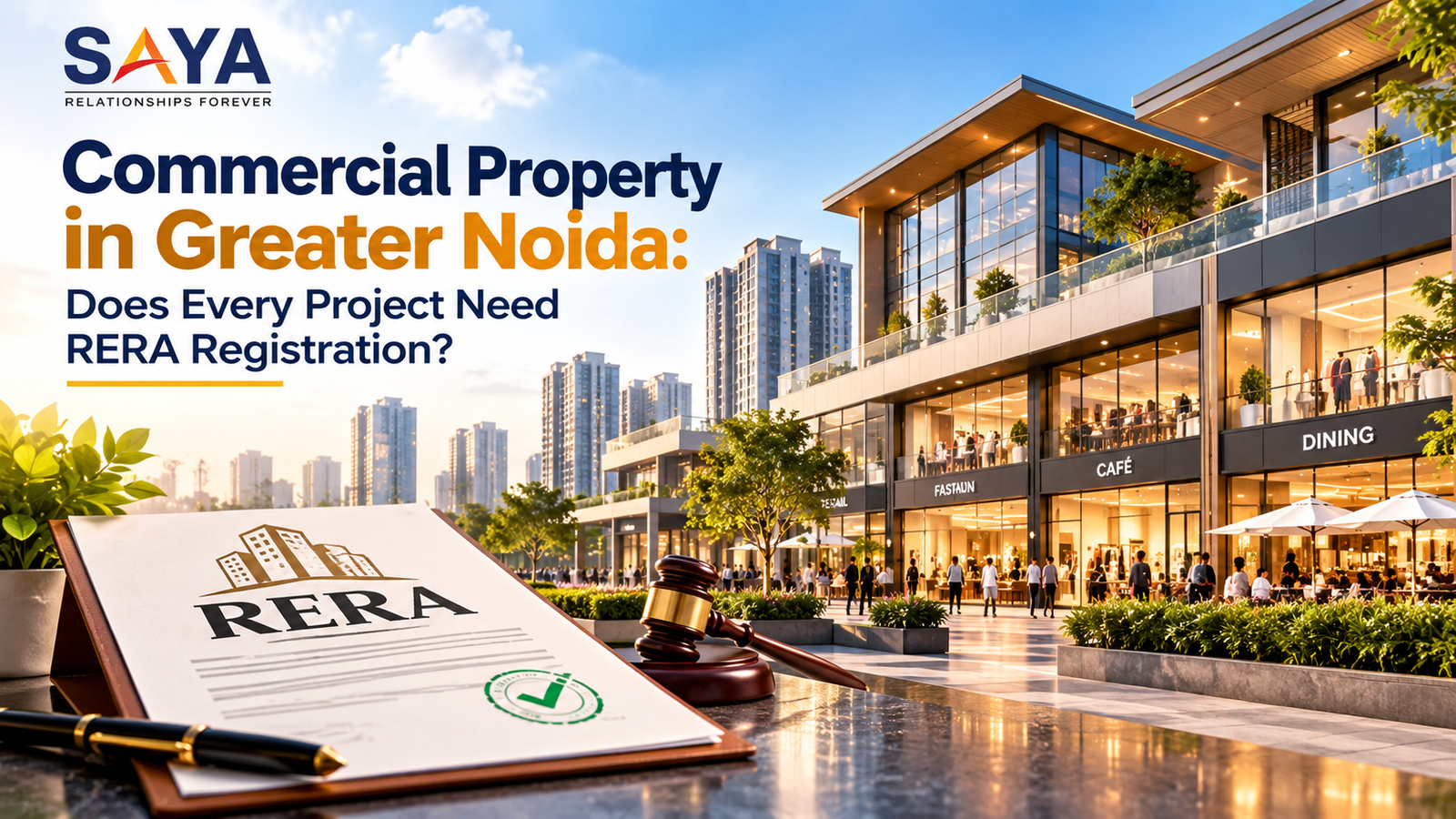 Commercial property in Greater Noida with RERA registration documents and modern retail buildings