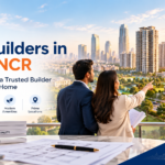 Top builders in Delhi NCR featuring modern residential apartments, a homebuying couple, and Saya Homes branding.